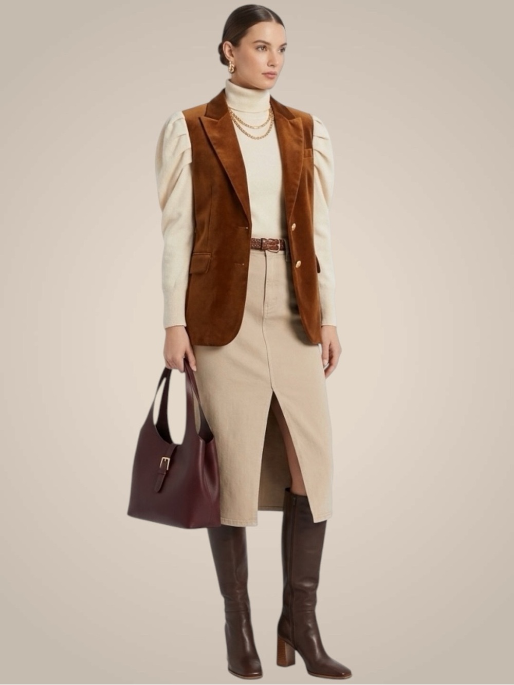 Paige Angela Midi Beige Cream Skirt with Front Slit Size 30 (Jean size)